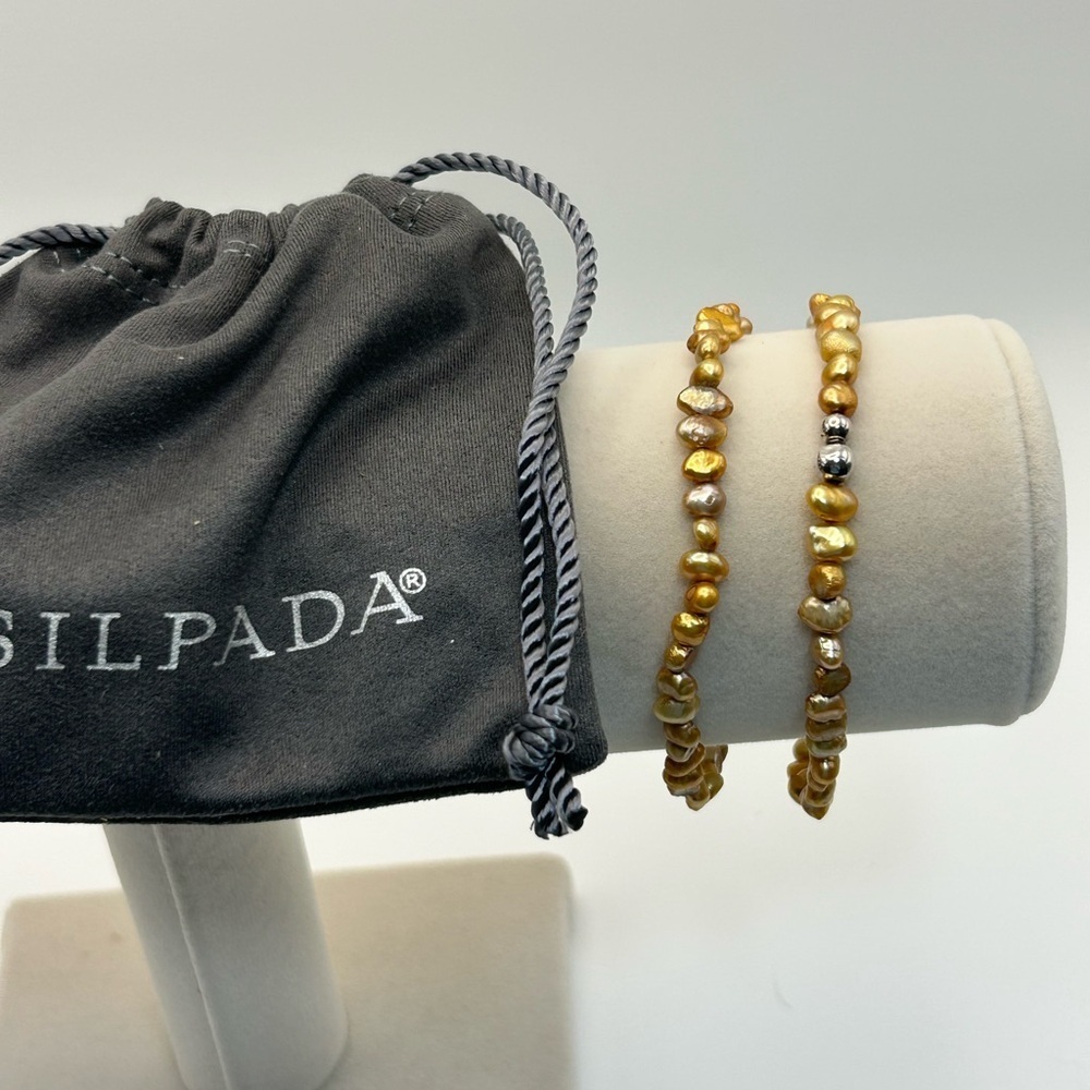 Silpada Bronze Silver Beaded Stretch Bracelet Pair Freshwater Pearls Silver Bead - Picture 4 of 8